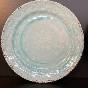 Cynthia Rowley MELAMINE Dinner Plate Teal Blue Medallion Rustic Tuscany TWO (2)